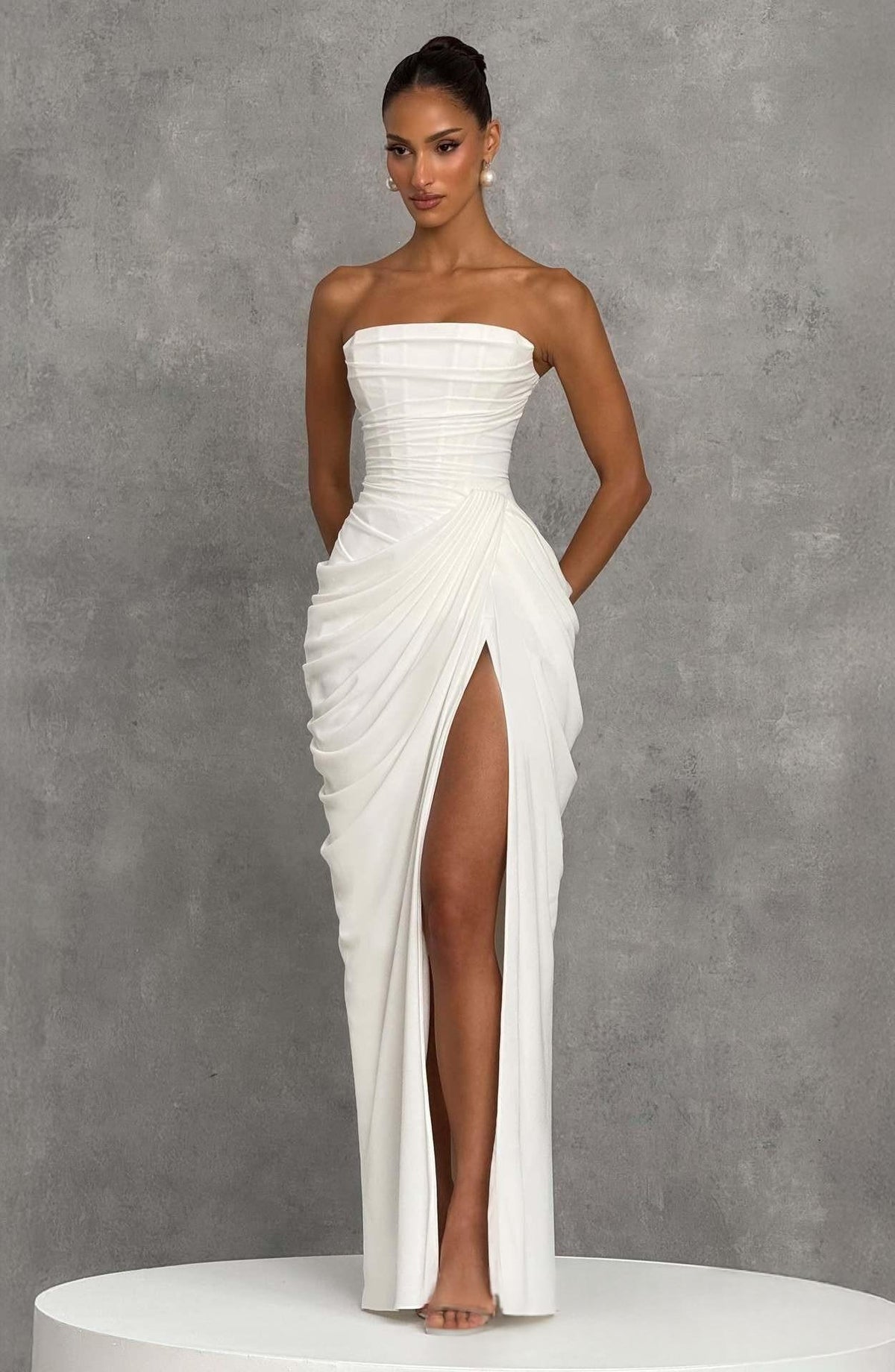 Strapless Pleated Slit Evening Gown - Elegant Party Dress - lifestyle photo