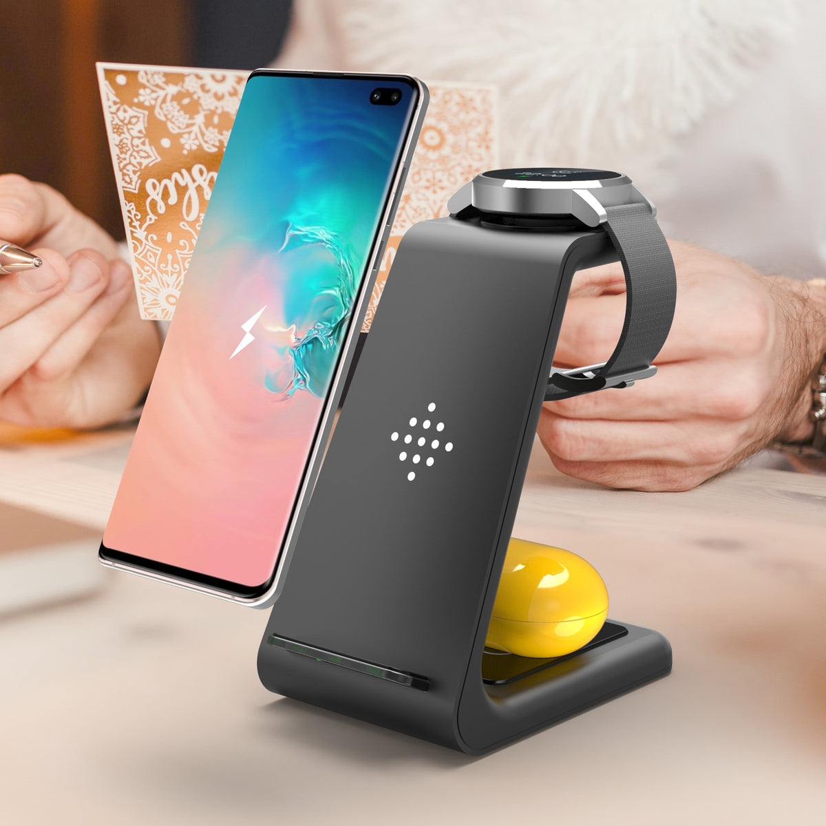 3-in-1 Wireless Charging Station - Phone, Watch & Earbuds Dock - side view