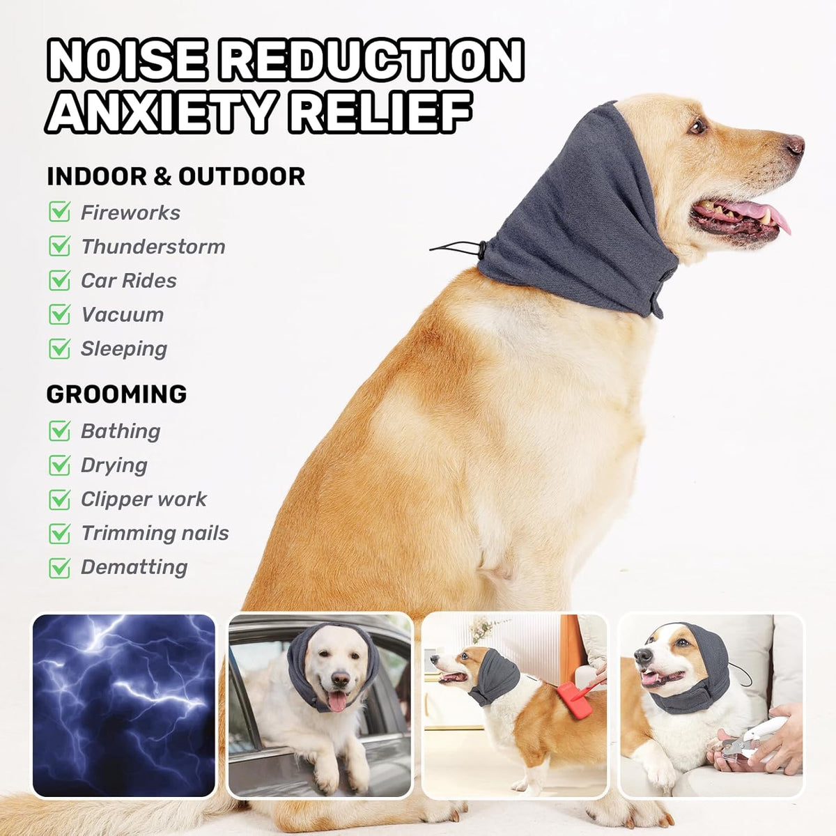 Dog Ear Muffs for Noise Protection - Adjustable Calming Hoodie - in use