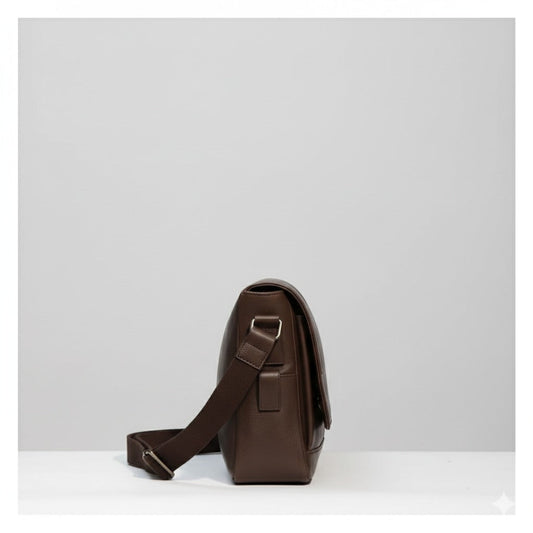 Close‑up of adjustable leather belt strap on messenger bag