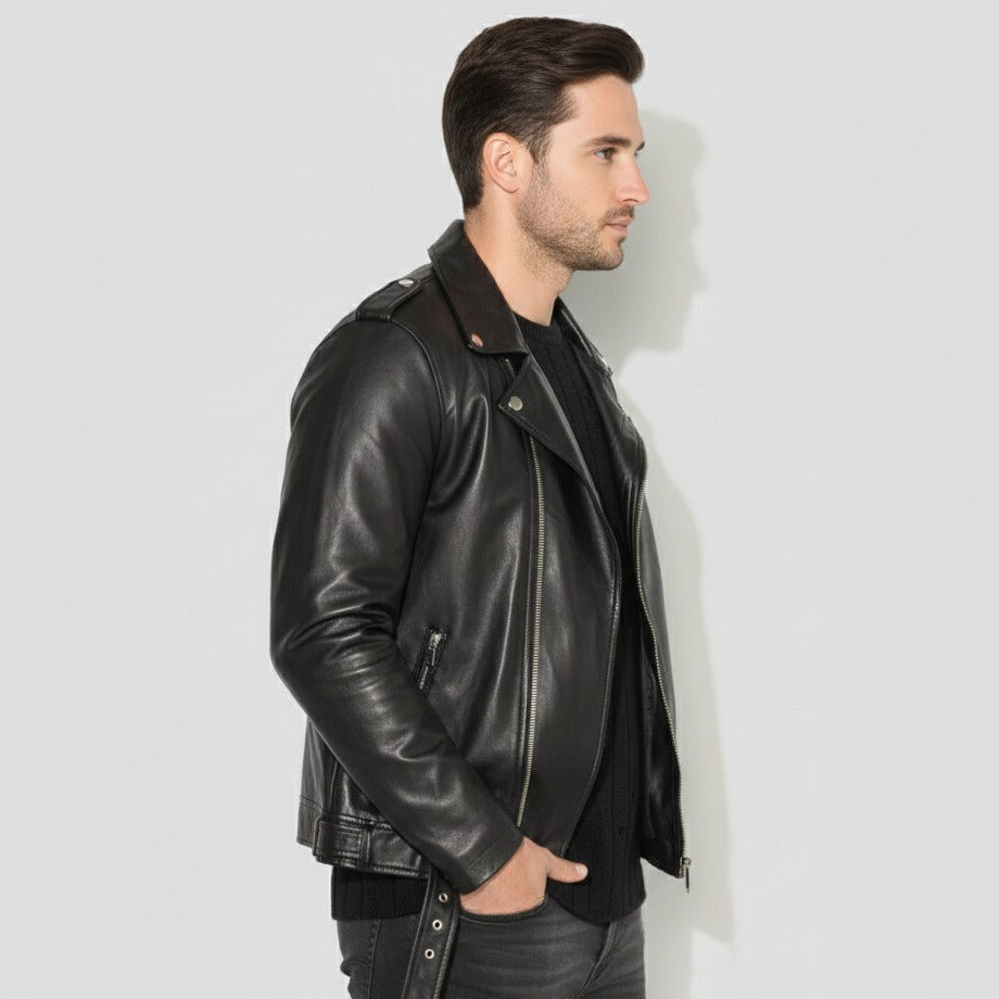 Close-up of quilted lining and zipper on black furry biker jacket