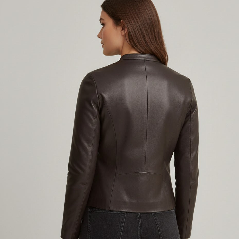 Close‑up of zipper and quilted lining on black leather jacket