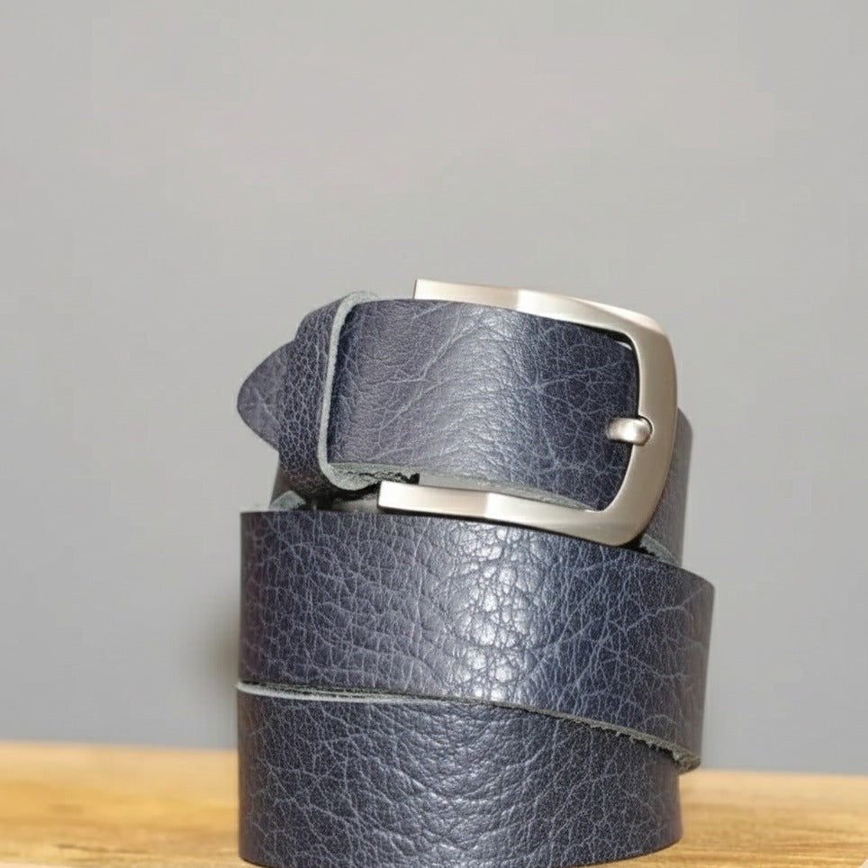 Genuine leather blue belt texture detail