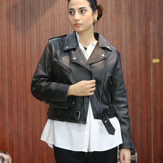 Women's Black Premium Full-Grain Sheepskin Biker Jacket | Vegetable-Tanned | YKK Zippers