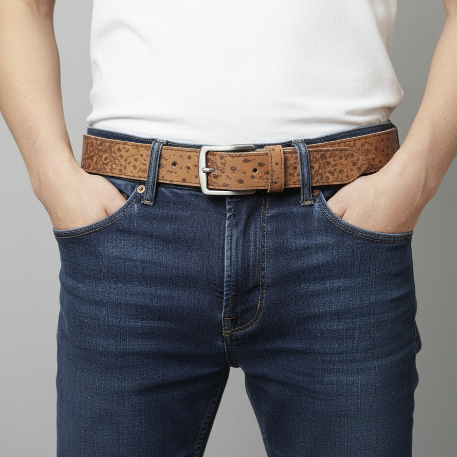Unisex ostrich texture leather belt styled look
