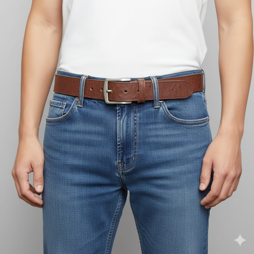 Man and woman wearing dark brown ostrich belt
