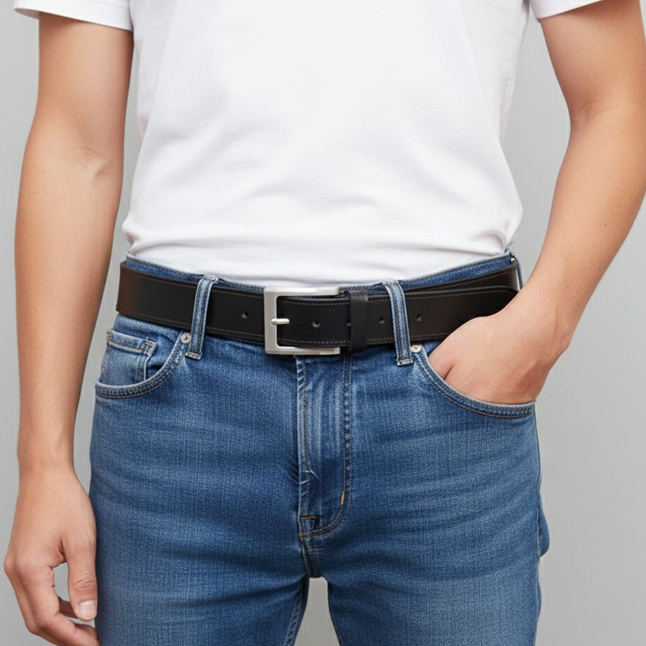Men wearing broad leather belt with jeans