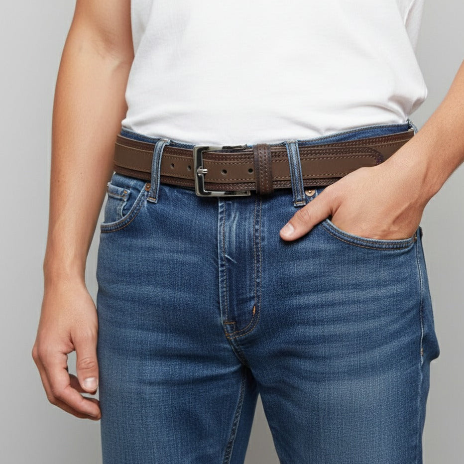 Men wearing brown leather belt with trousers