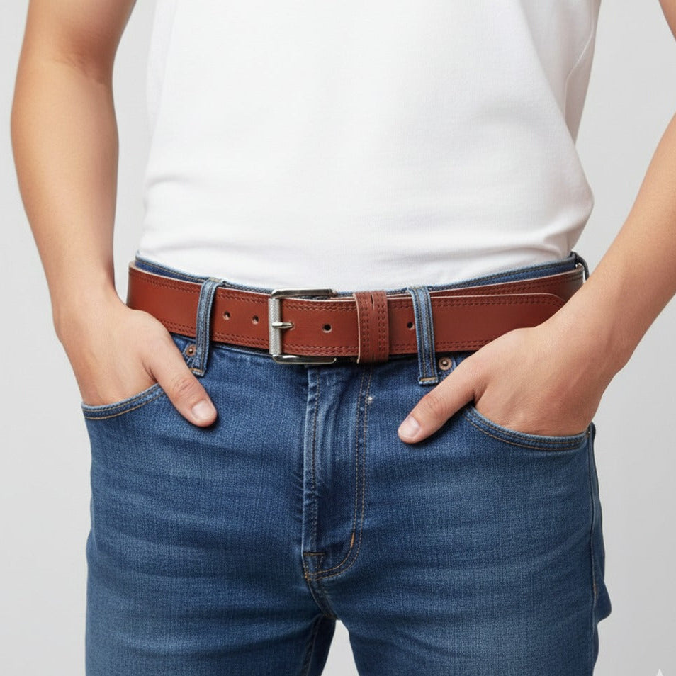 Men wearing slim brown leather belt with trousers