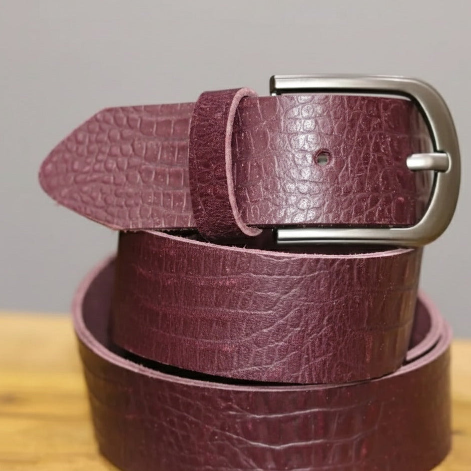 Close-up of buffalo leather belt with metal buckle