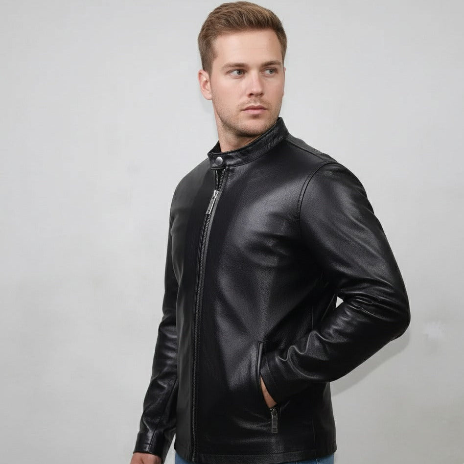 Side angle of plain black genuine leather jacket