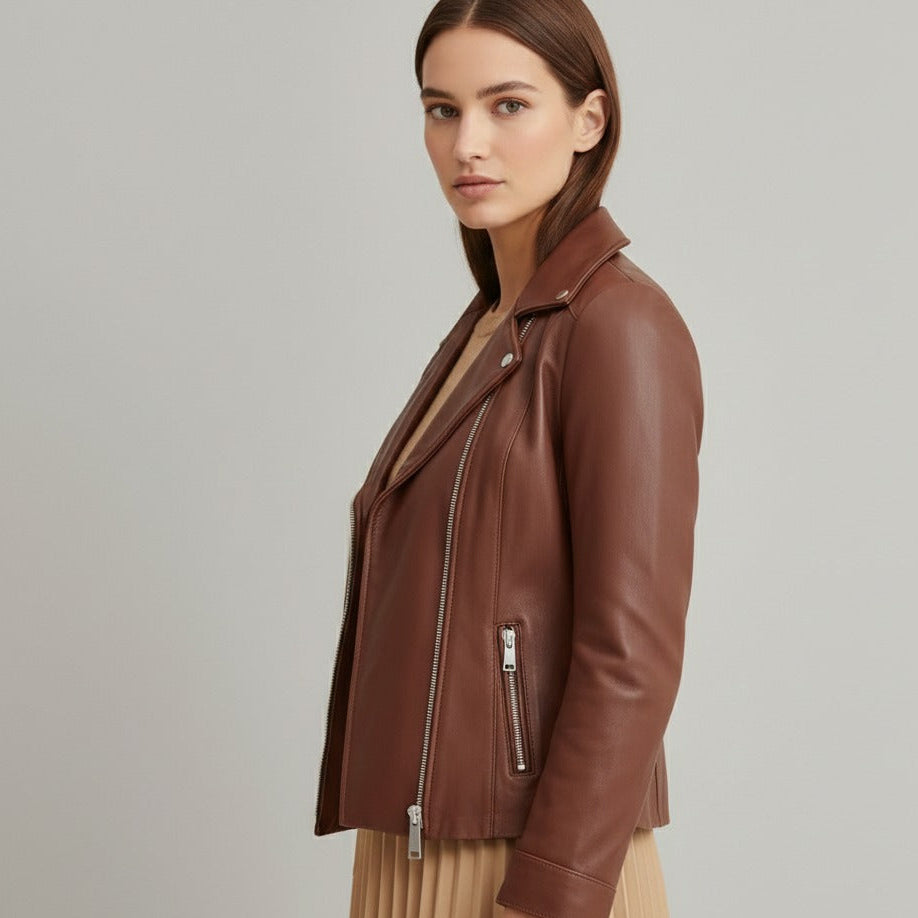 Side view of women’s brown biker leather jacket