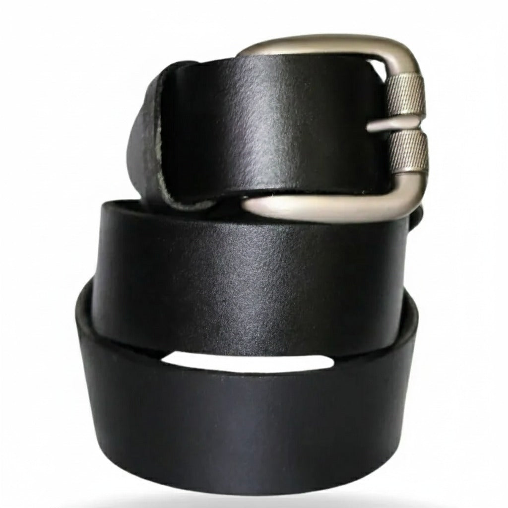 Close-up of black leather belt with metal buckle