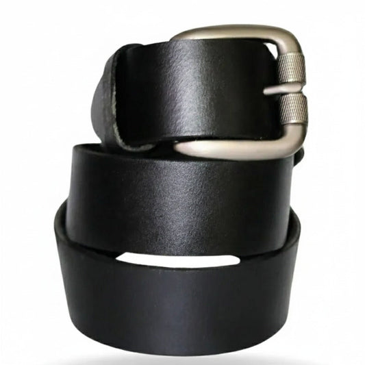 Close-up of black leather belt with metal buckle