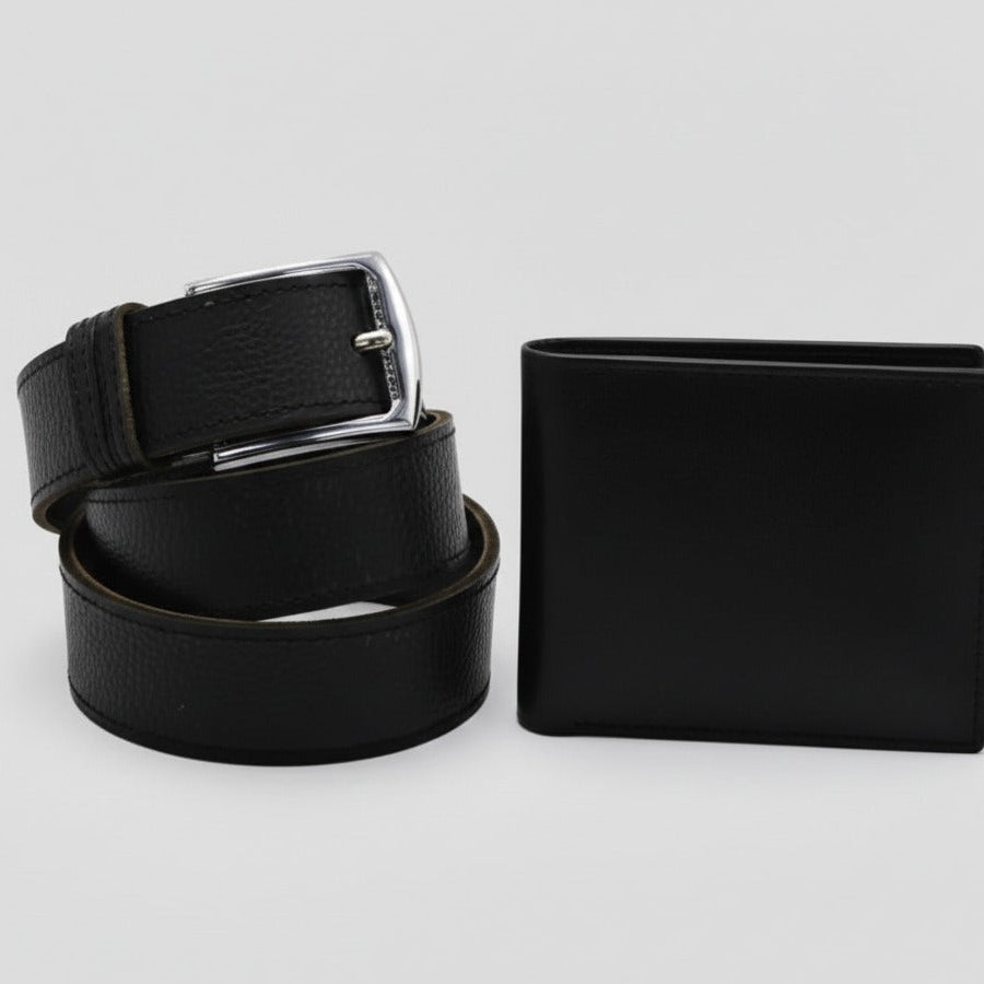 Slim black leather belt with metal buckle