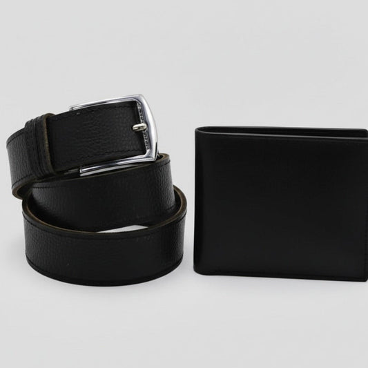 Slim black leather belt with metal buckle