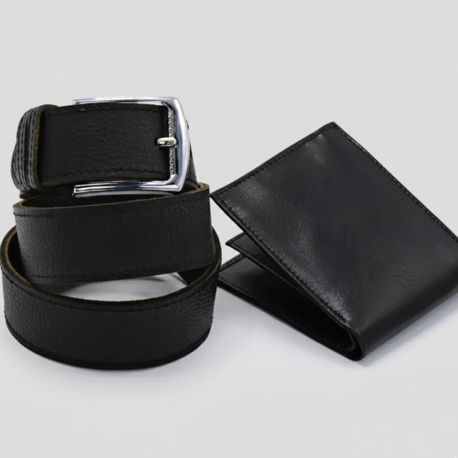 Black leather wallet and belt combo displayed