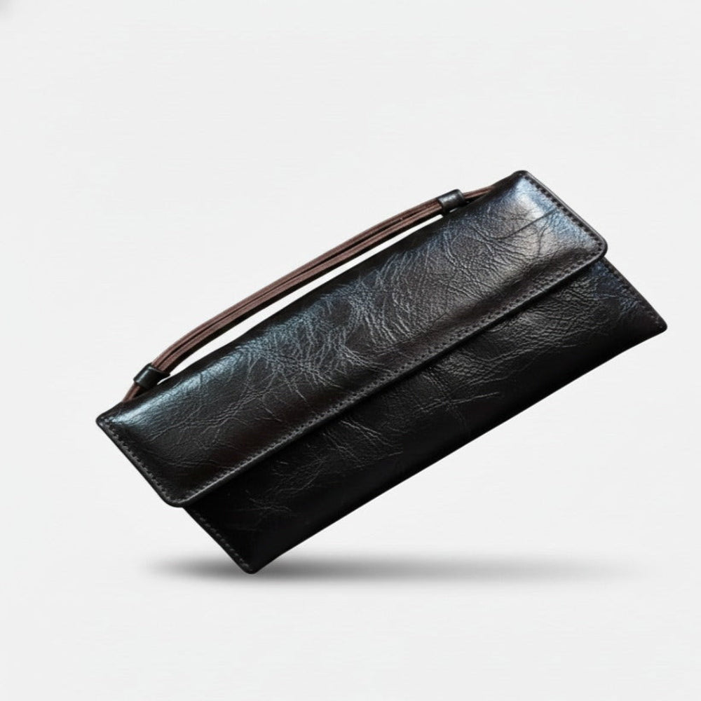 Stylish genuine leather clutch displayed