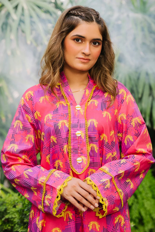 Women's Pink Purple Palm Print Cotton Maxi Tunic | Lace Trim | High-Low Hem
