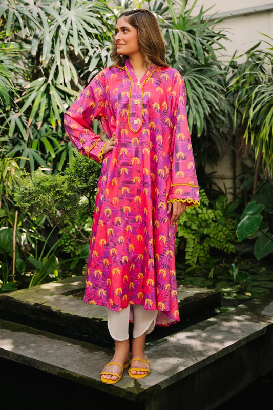 Women's Pink Purple Palm Print Cotton Maxi Tunic | Lace Trim | High-Low Hem