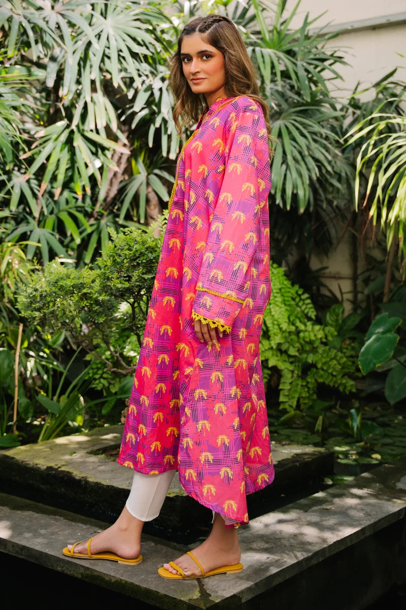 Women's Pink Purple Palm Print Cotton Maxi Tunic | Lace Trim | High-Low Hem