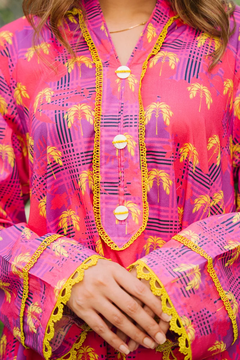 Women's Pink Purple Palm Print Cotton Maxi Tunic | Lace Trim | High-Low Hem