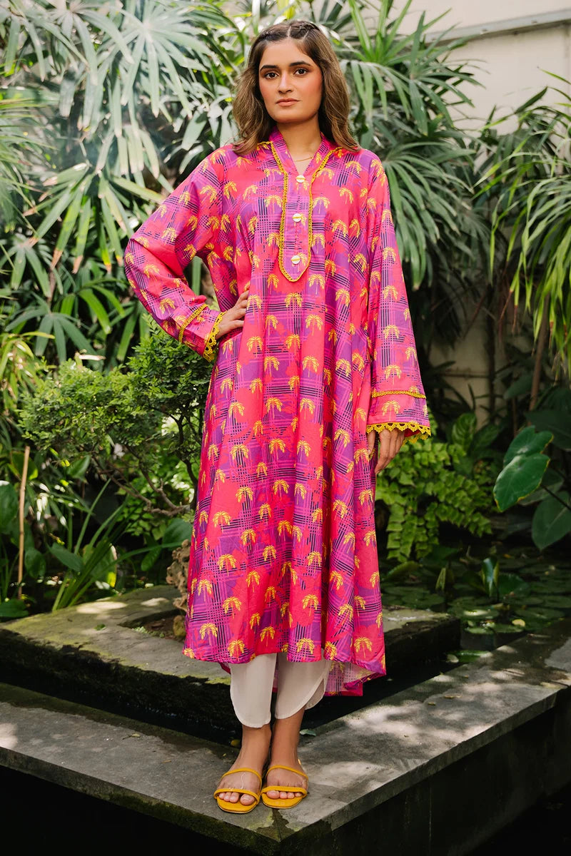 Women's Pink Purple Palm Print Cotton Maxi Tunic | Lace Trim | High-Low Hem