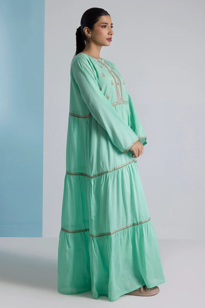 Women's Mint Green Check Cotton Maxi Tunic | Embroidered Border Trim | Tiered Hem