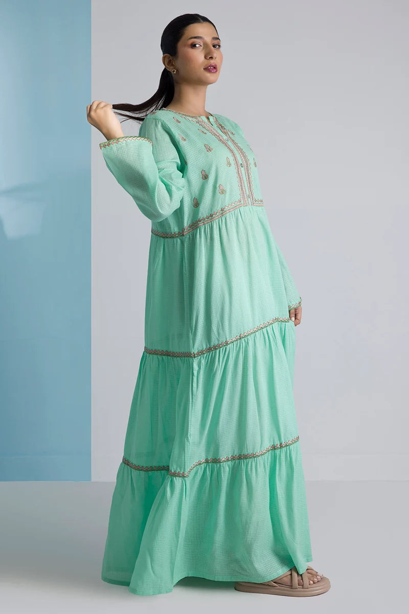 Women's Mint Green Check Cotton Maxi Tunic | Embroidered Border Trim | Tiered Hem