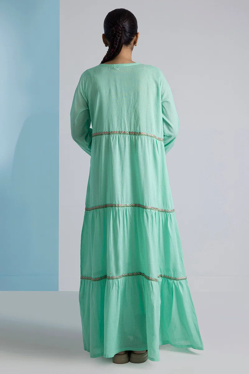Women's Mint Green Check Cotton Maxi Tunic | Embroidered Border Trim | Tiered Hem