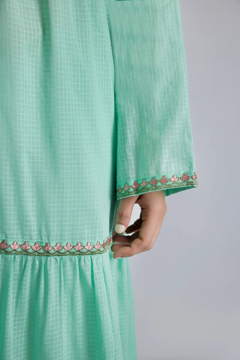 Women's Mint Green Check Cotton Maxi Tunic | Embroidered Border Trim | Tiered Hem