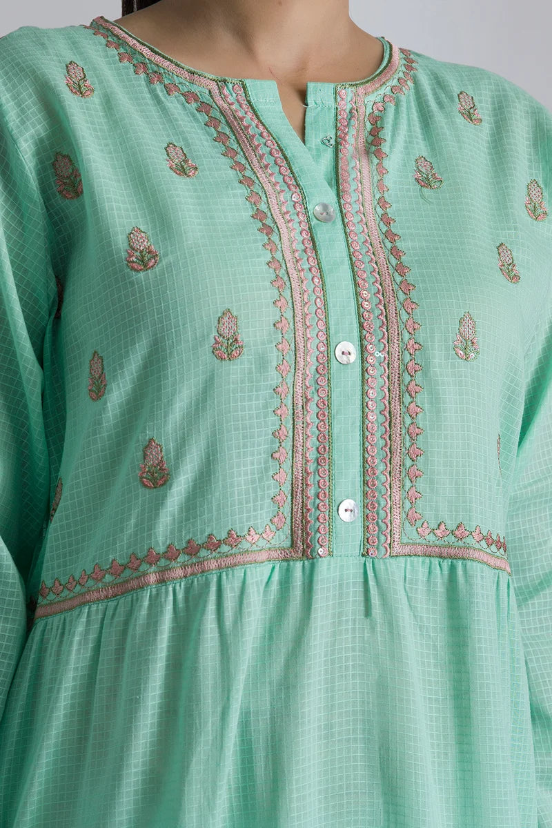 Women's Mint Green Check Cotton Maxi Tunic | Embroidered Border Trim | Tiered Hem