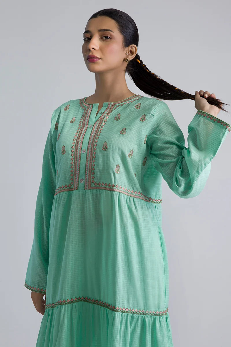 Women's Mint Green Check Cotton Maxi Tunic | Embroidered Border Trim | Tiered Hem