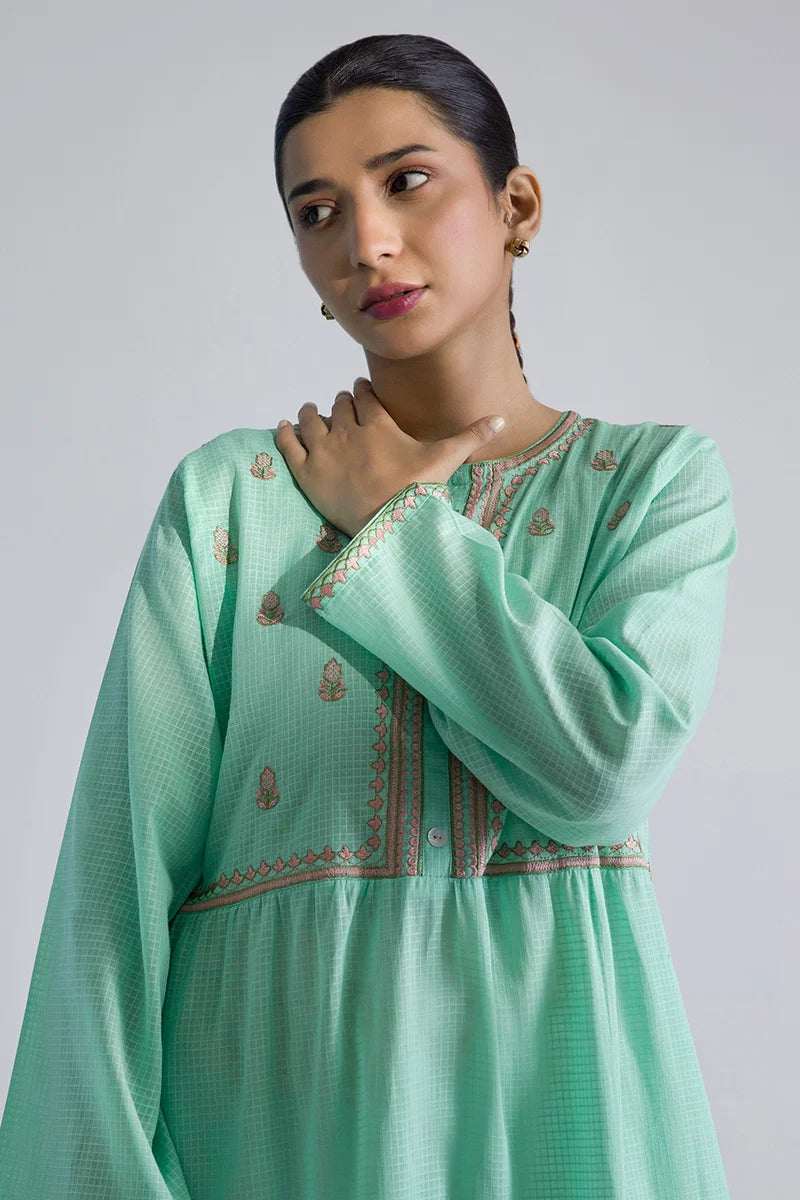 Women's Mint Green Check Cotton Maxi Tunic | Embroidered Border Trim | Tiered Hem
