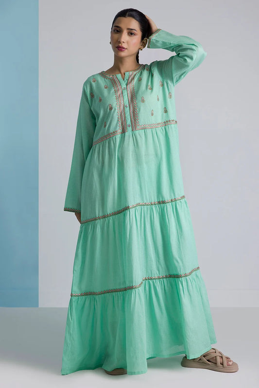 Women's Mint Green Check Cotton Maxi Tunic | Embroidered Border Trim | Tiered Hem