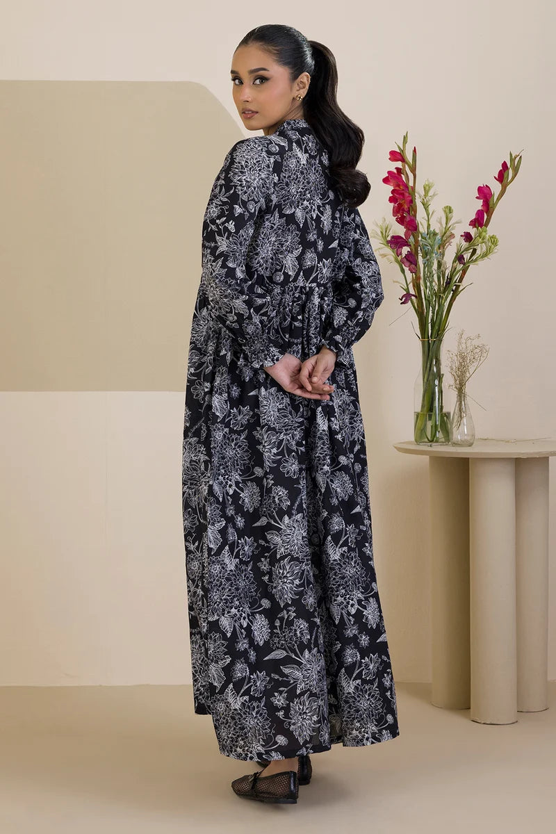 Women's Black White Floral Outline Print Slub Lawn Maxi Tunic | Button Placket