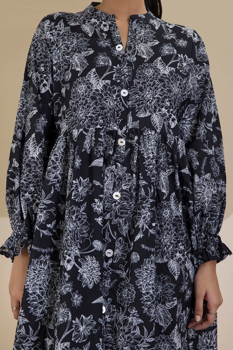 Women's Black White Floral Outline Print Slub Lawn Maxi Tunic | Button Placket