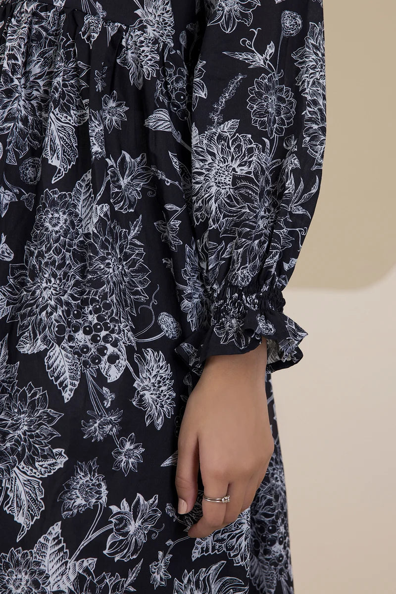 Women's Black White Floral Outline Print Slub Lawn Maxi Tunic | Button Placket