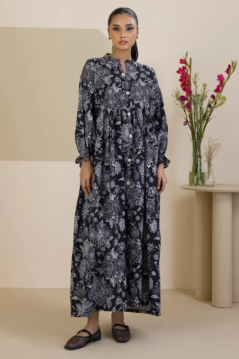 Women's Black White Floral Outline Print Slub Lawn Maxi Tunic | Button Placket