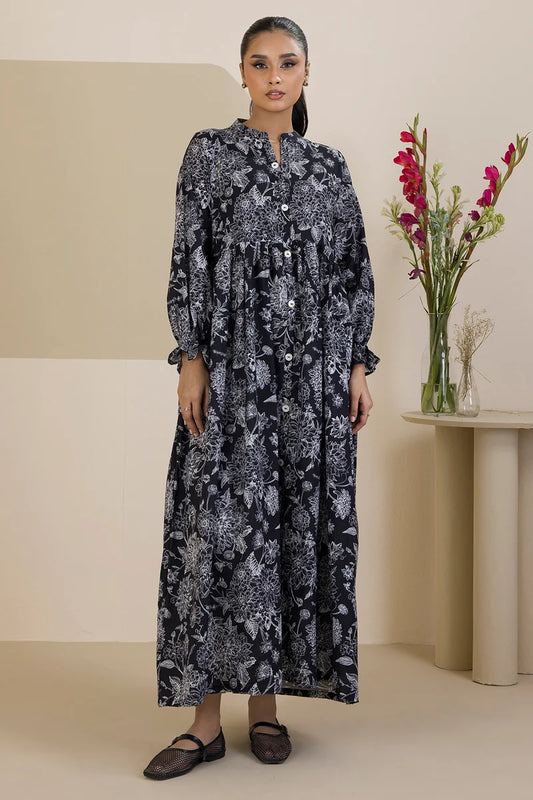 Women's Black White Floral Outline Print Slub Lawn Maxi Tunic | Button Placket