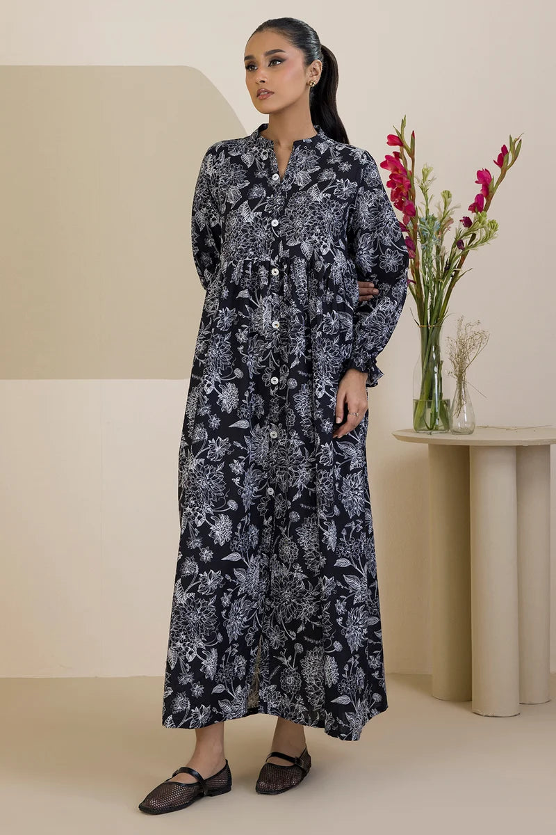 Women's Black White Floral Outline Print Slub Lawn Maxi Tunic | Button Placket