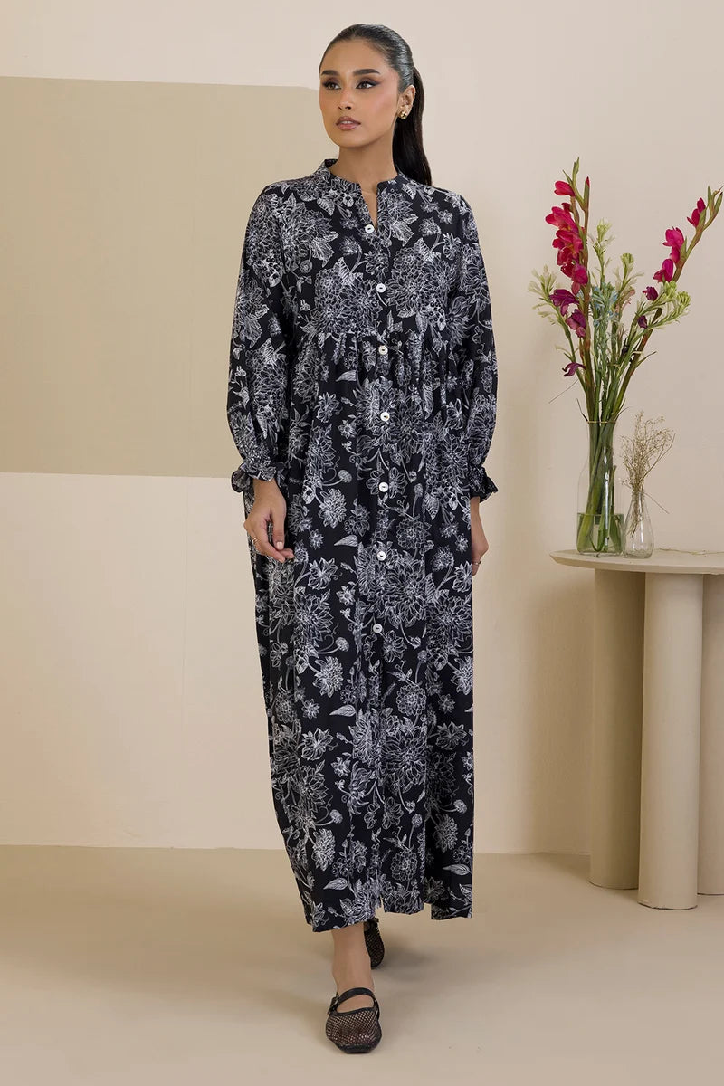 Women's Black White Floral Outline Print Slub Lawn Maxi Tunic | Button Placket