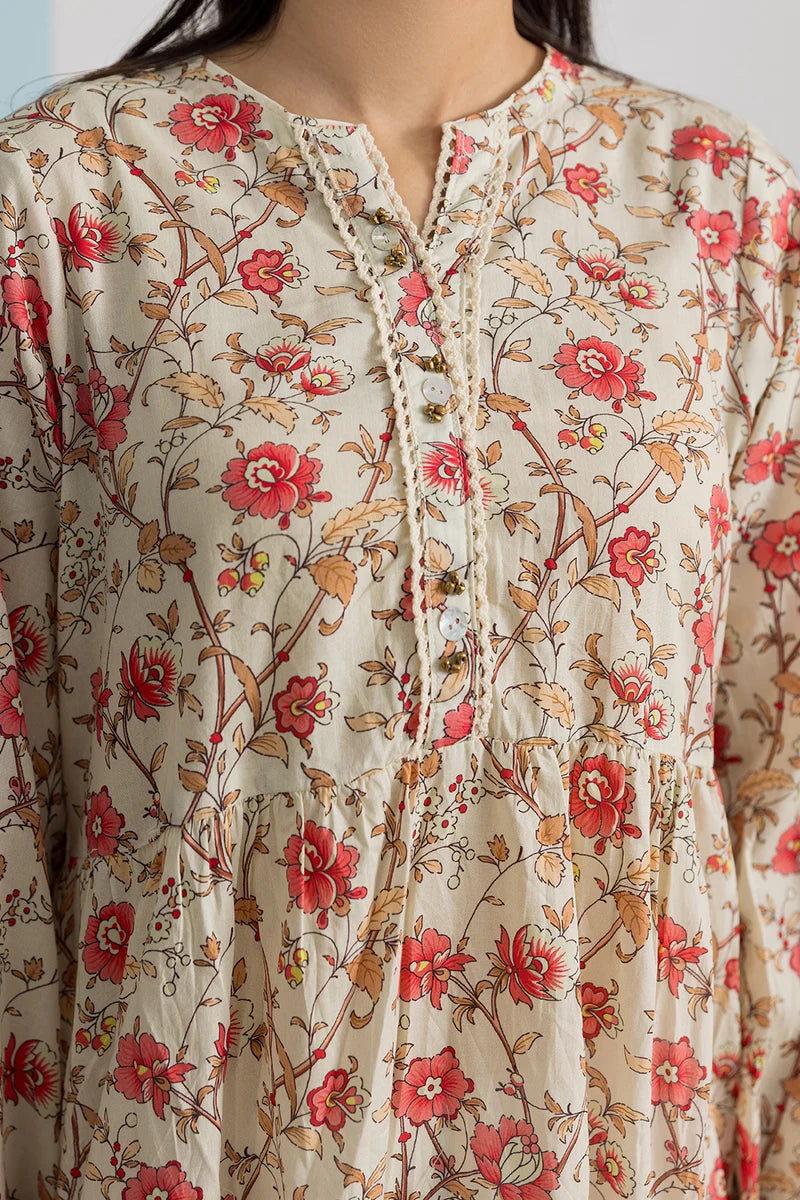 Women's Cream Rust Floral Print Slub Lawn Maxi Tunic | Tiered Silhouette | Button Placket