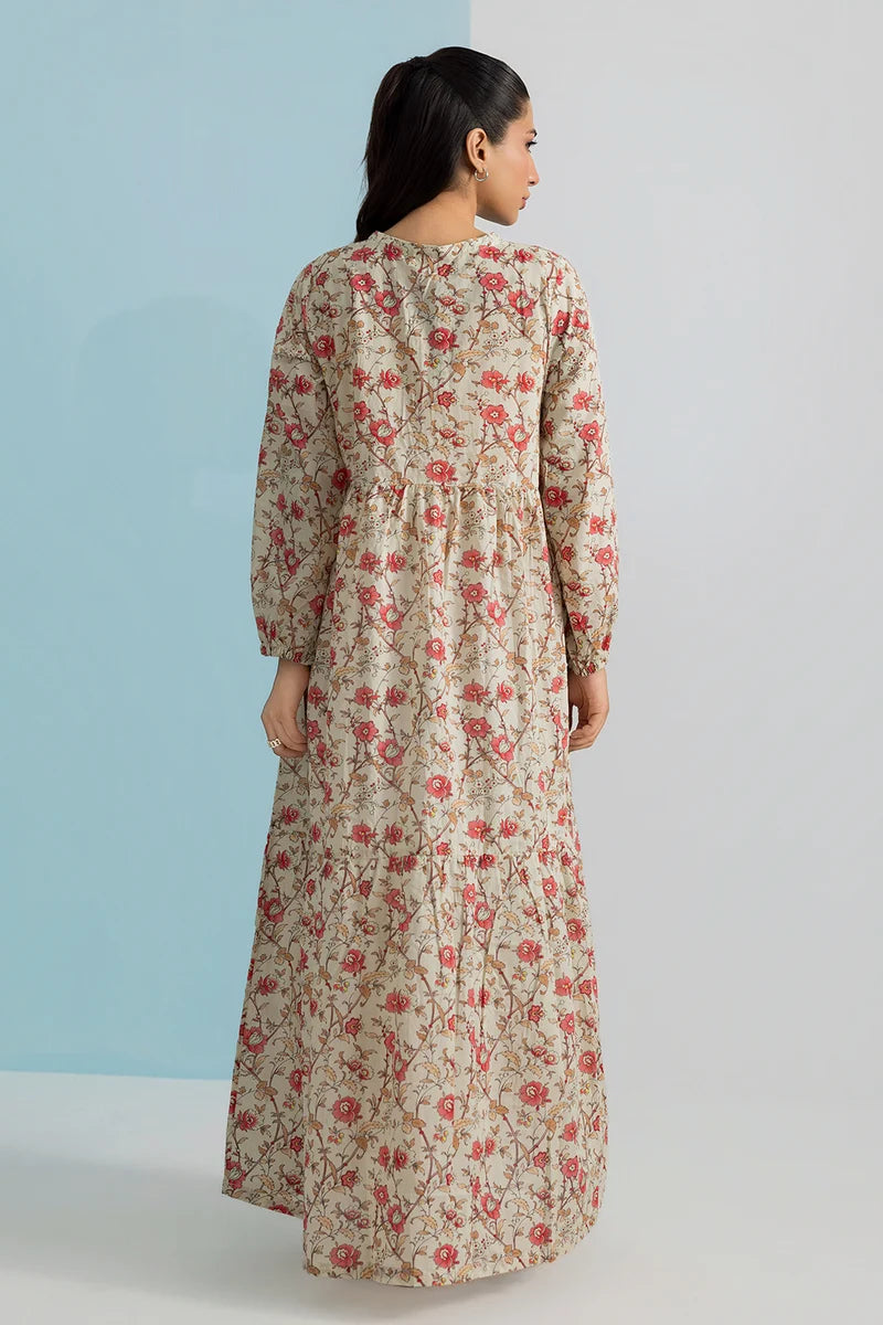 Women's Cream Rust Floral Print Slub Lawn Maxi Tunic | Tiered Silhouette | Button Placket