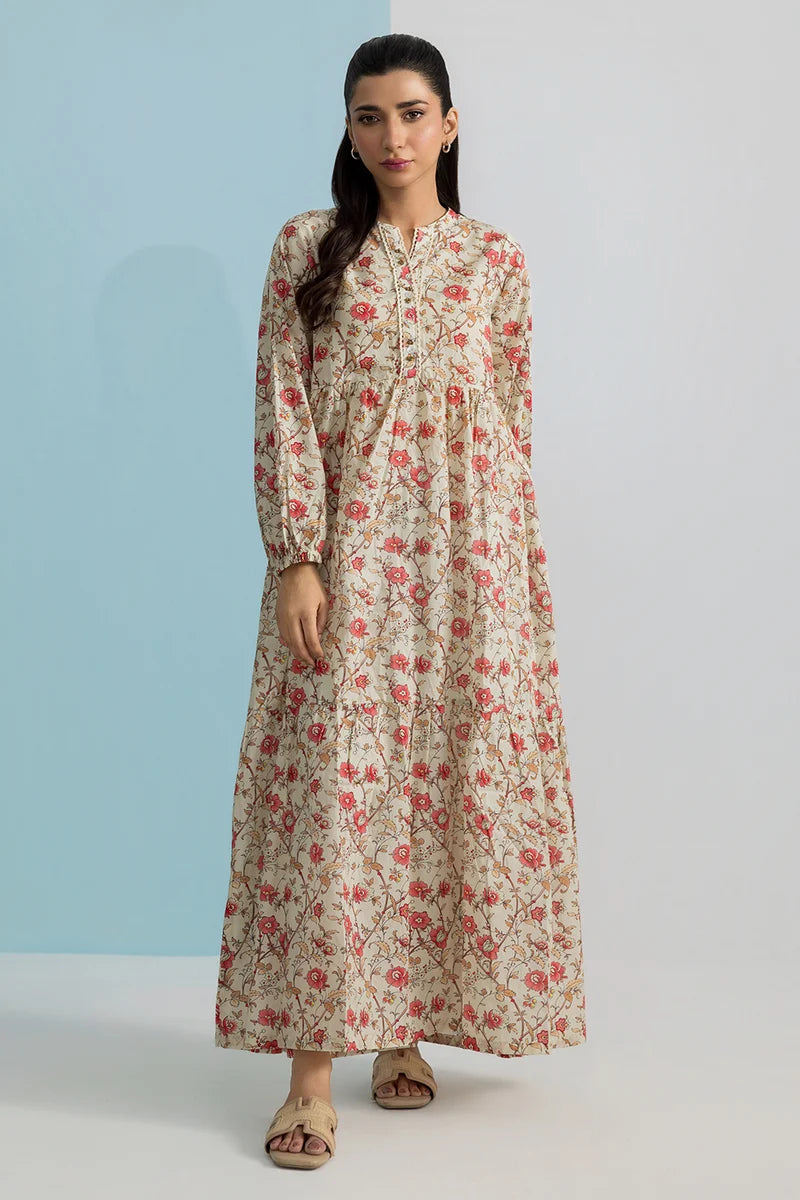 Women's Cream Rust Floral Print Slub Lawn Maxi Tunic | Tiered Silhouette | Button Placket