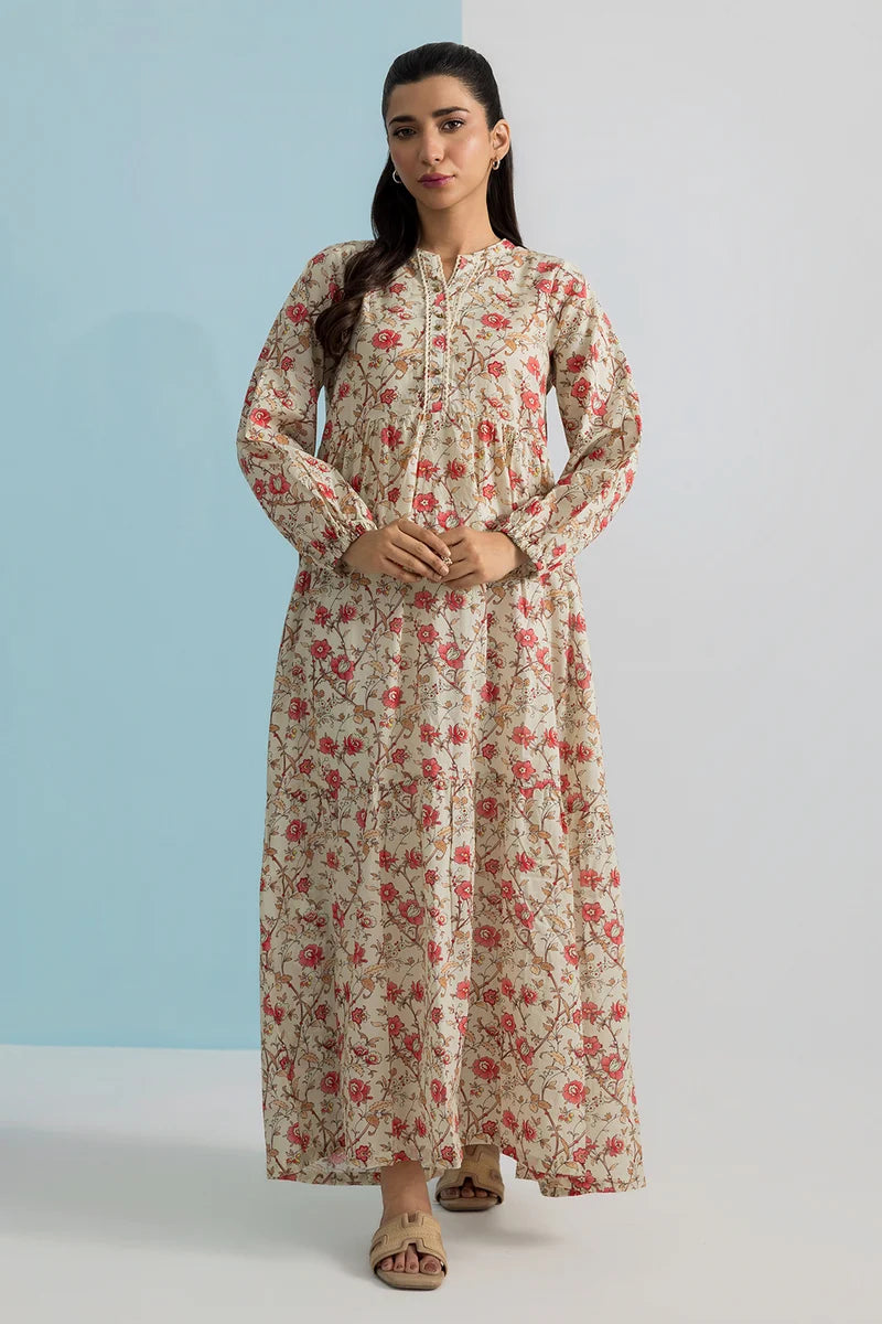 Women's Cream Rust Floral Print Slub Lawn Maxi Tunic | Tiered Silhouette | Button Placket