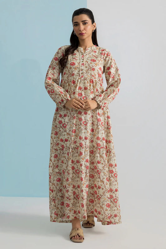 Women's Cream Rust Floral Print Slub Lawn Maxi Tunic | Tiered Silhouette | Button Placket