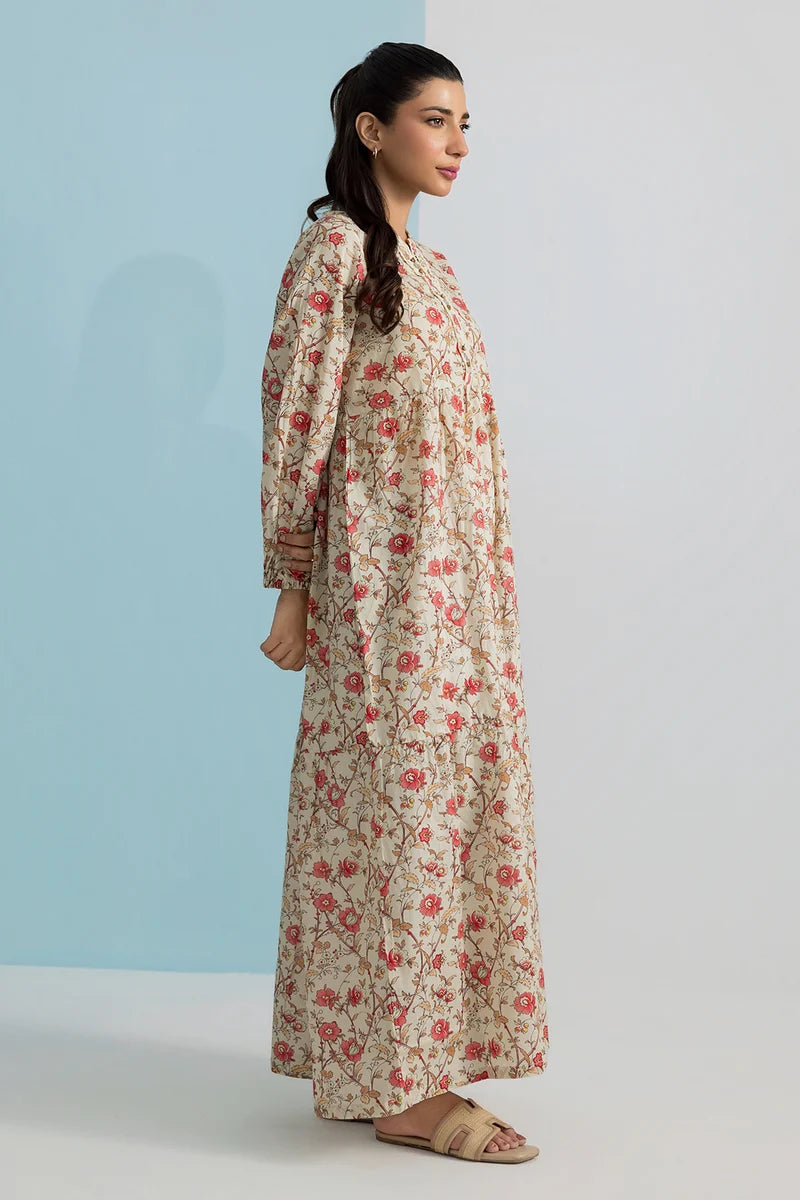 Women's Cream Rust Floral Print Slub Lawn Maxi Tunic | Tiered Silhouette | Button Placket