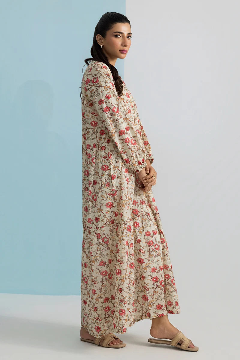 Women's Cream Rust Floral Print Slub Lawn Maxi Tunic | Tiered Silhouette | Button Placket