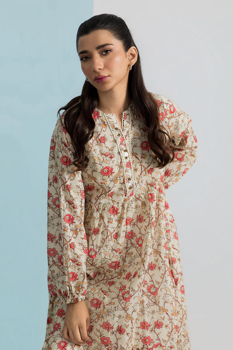 Women's Cream Rust Floral Print Slub Lawn Maxi Tunic | Tiered Silhouette | Button Placket